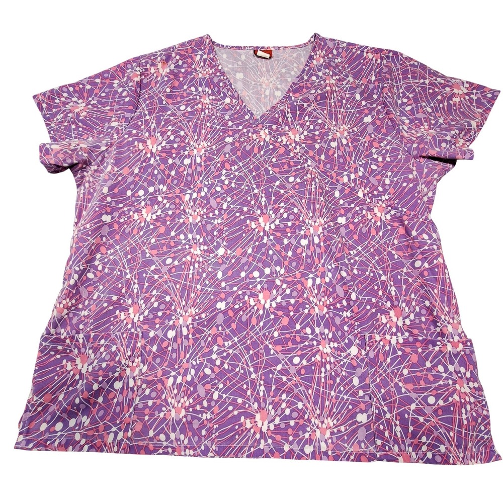 Denice Scrub Top 3XL Purple Pink Abstract Burst Mock Wrap V-Neck Style 1013